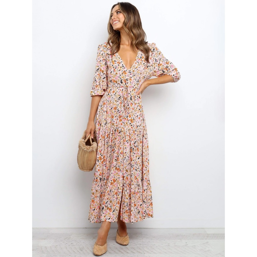 Petal and Pup Kelda Dress Beige Floral Tiered Midi V-Neck Rayon Small NEW